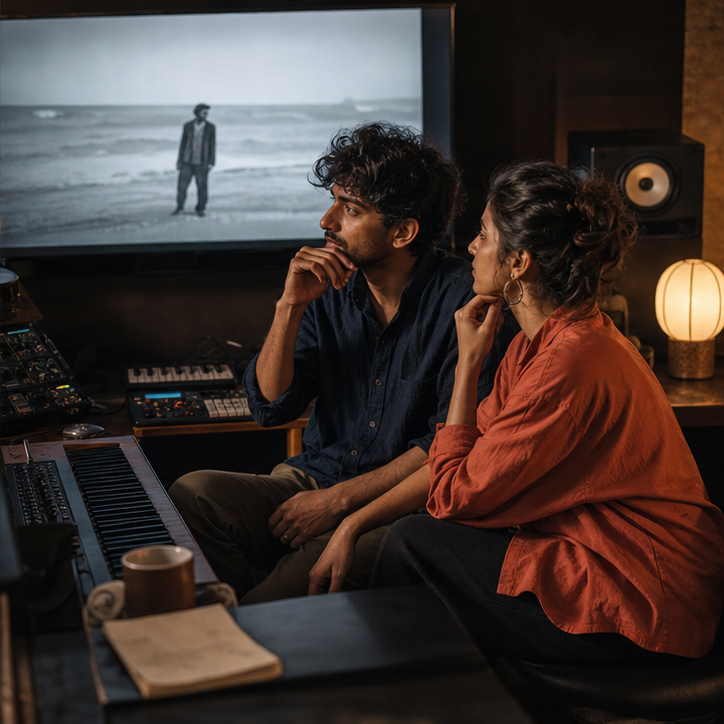 Indian film and music creatives reviewing a scene in a studio