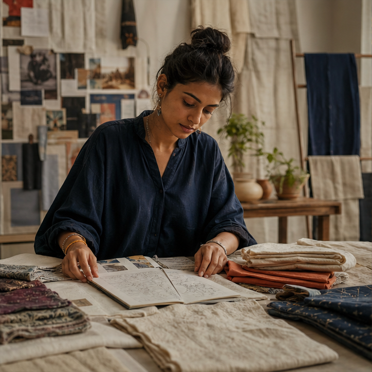 Indian textile designer studying fabrics and sketches
