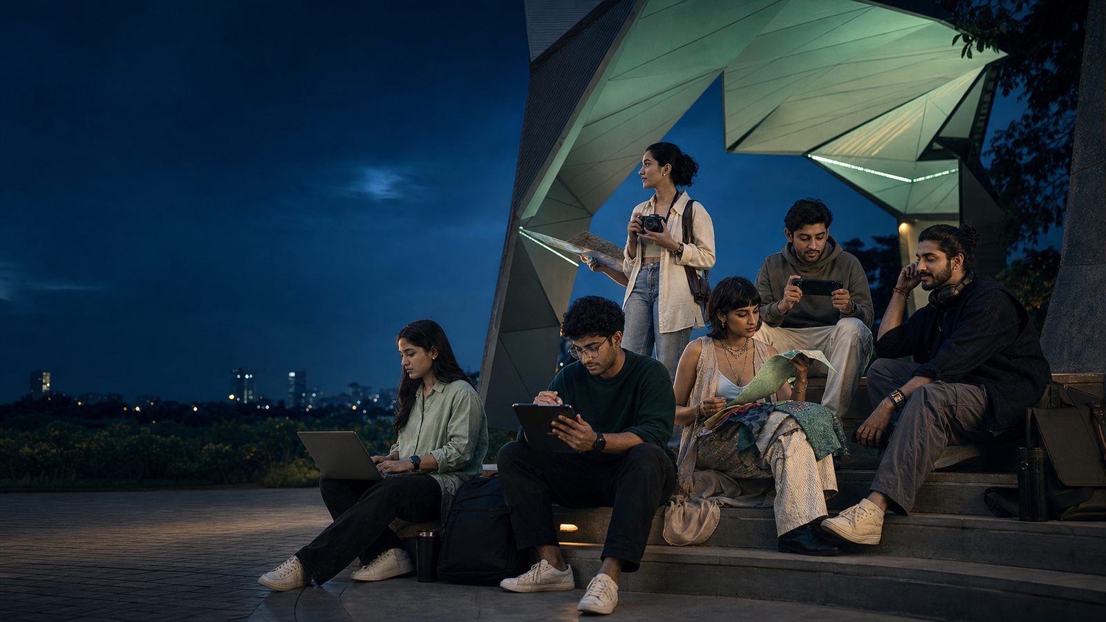 Indian professionals and creators meeting beneath a modern pavilion