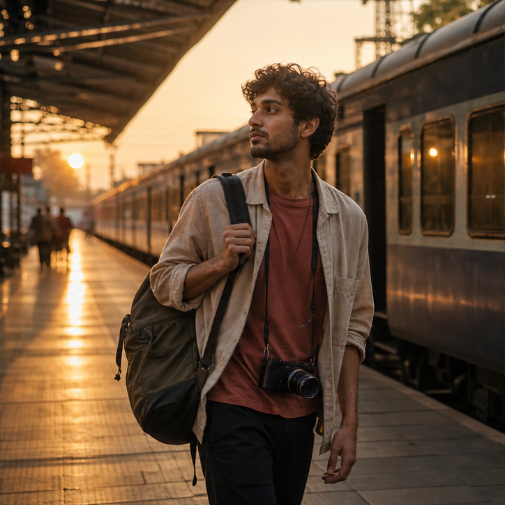 Indian traveller waiting beside a train at golden hour